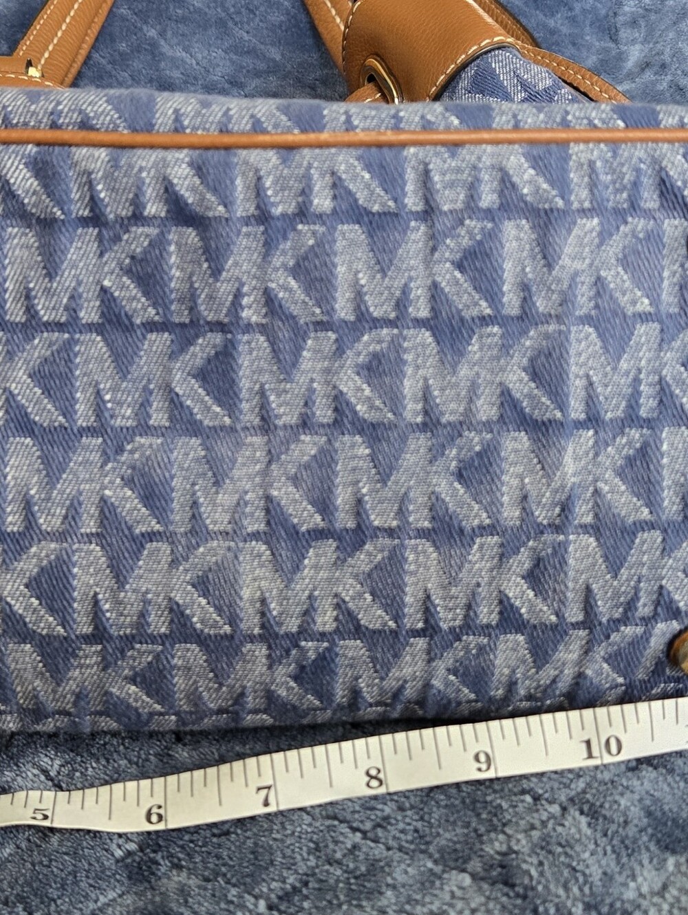 Vintage Michael Kors Denim MK Monogram and Tan Leather Drawstring Shoulder Bag - Picture 3 of 10